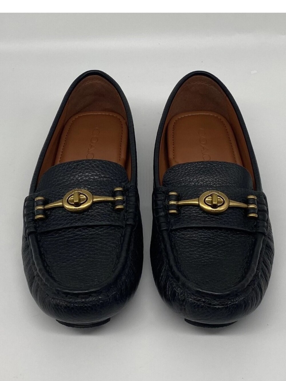COACH Women's Crosby Driver Turnlock Black Pebbled Loafer Flats EUC